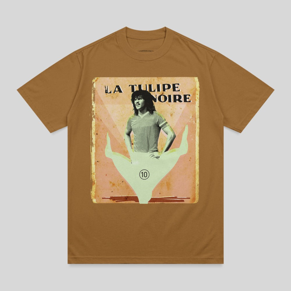 Brown t-shirt with "LA TULIPE NOIRE" text and a graphic of a person with number 10.