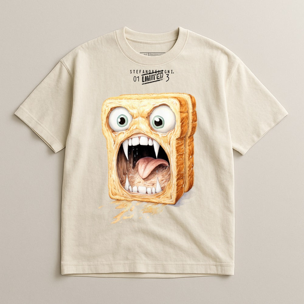 T-shirt with cartoon toast face, open mouth, sharp teeth, and dripping spread.