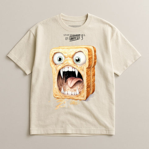 T-shirt with cartoon toast face, open mouth, sharp teeth, and dripping spread.