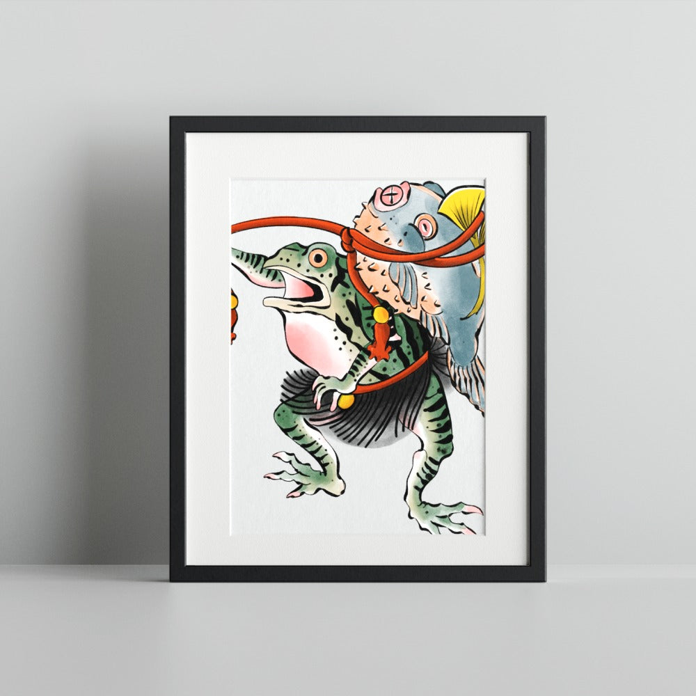 Colorful Art Print of a Frog and Fish Characters Product