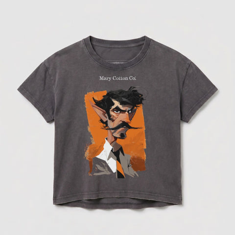 Dark grey t-shirt with a charcoal illustration of a man with a large mustache.