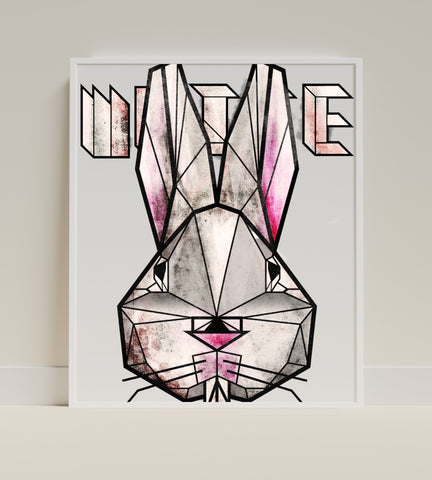 Geometric Bunny Art Print with Pink Accents Wall Decor