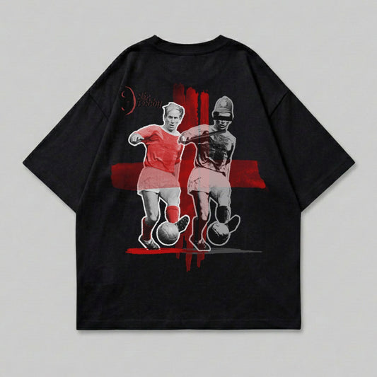 Black t-shirt with graphic of two vintage football players, red cross in background.