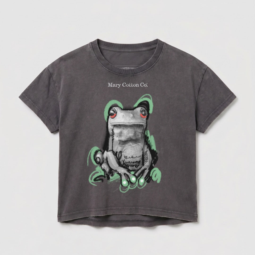Gray t-shirt with a graphic of a green frog with red eyes.