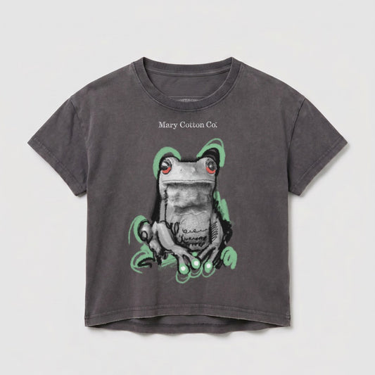 Gray t-shirt with a graphic of a green frog with red eyes.
