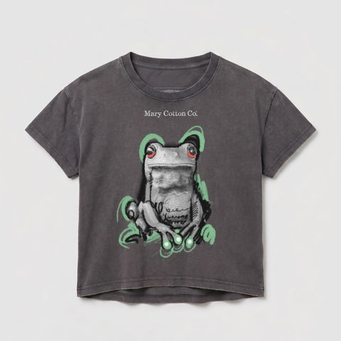 Gray t-shirt with a graphic of a green frog with red eyes.