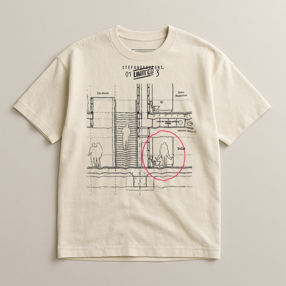 Cream t-shirt with blueprint design and "01 LIMITED 3" text.