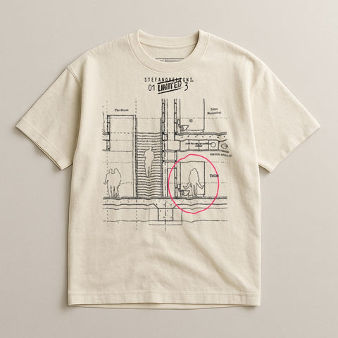 Cream t-shirt with blueprint design and "01 LIMITED 3" text.