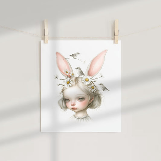Whimsical Bunny Ears Girl with Birds Art Print