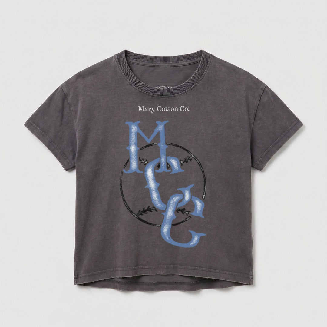 Grey t-shirt with "Mary Cotton Co." and a baseball graphic.