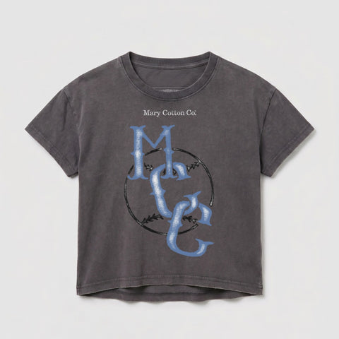 Grey t-shirt with "Mary Cotton Co." and a baseball graphic.