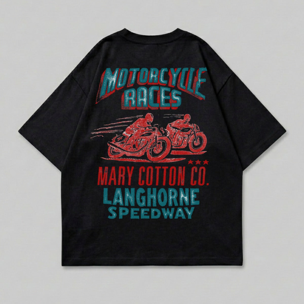 Black t-shirt with vintage motorcycle races graphic and text.
