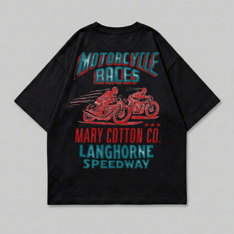 Black t-shirt with vintage motorcycle races graphic and text.