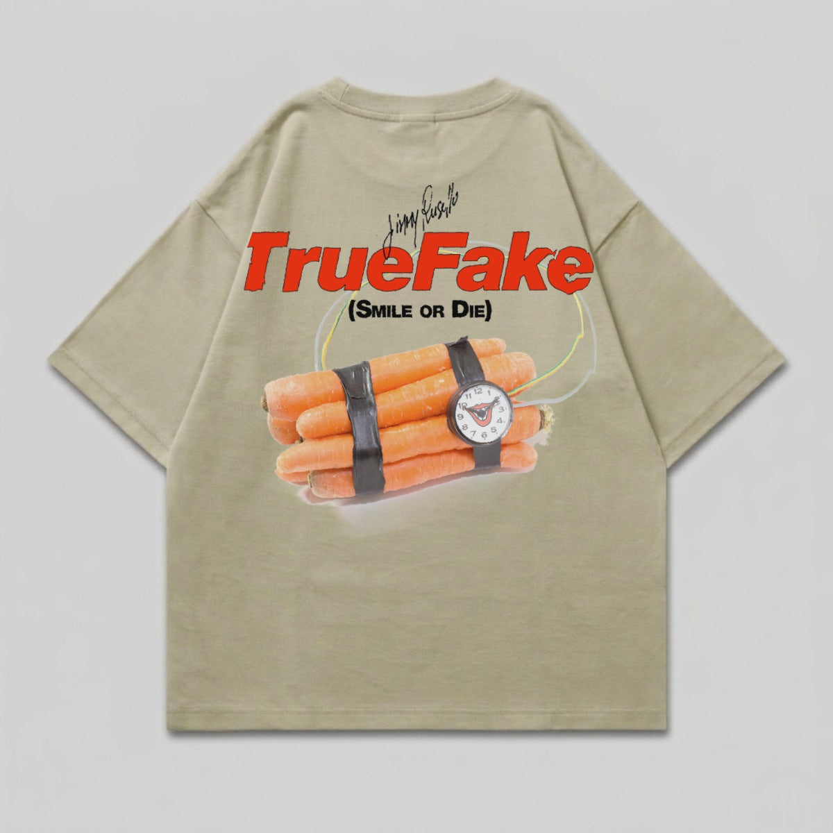 T-shirt with TrueFake logo, carrots with a bomb timer, and "Smile or Die."