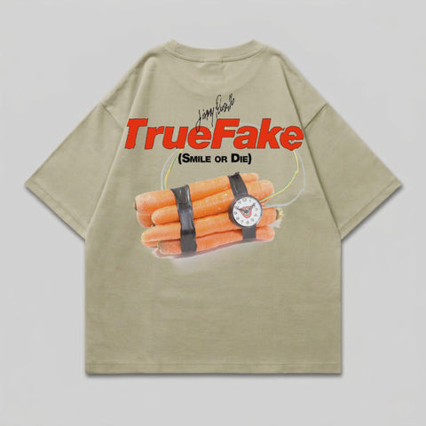 T-shirt with TrueFake logo, carrots with a bomb timer, and "Smile or Die."