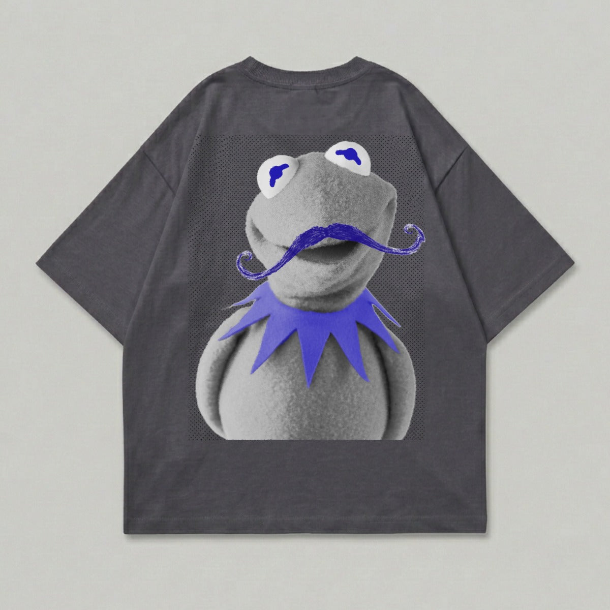 Dark gray t-shirt with Kermit the Frog wearing a blue collar and purple mustache.