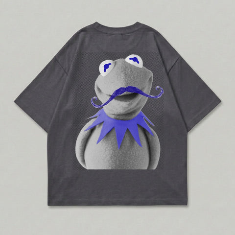 Dark gray t-shirt with Kermit the Frog wearing a blue collar and purple mustache.