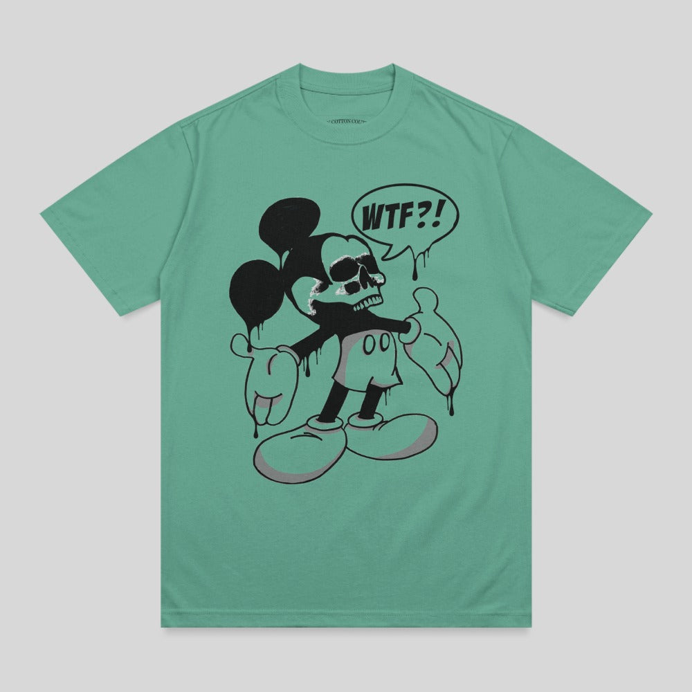 Mickey Mouse graphic t-shirt with a melting skull head and "WTF?!" speech bubble.