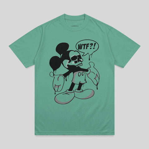 Mickey Mouse graphic t-shirt with a melting skull head and "WTF?!" speech bubble.