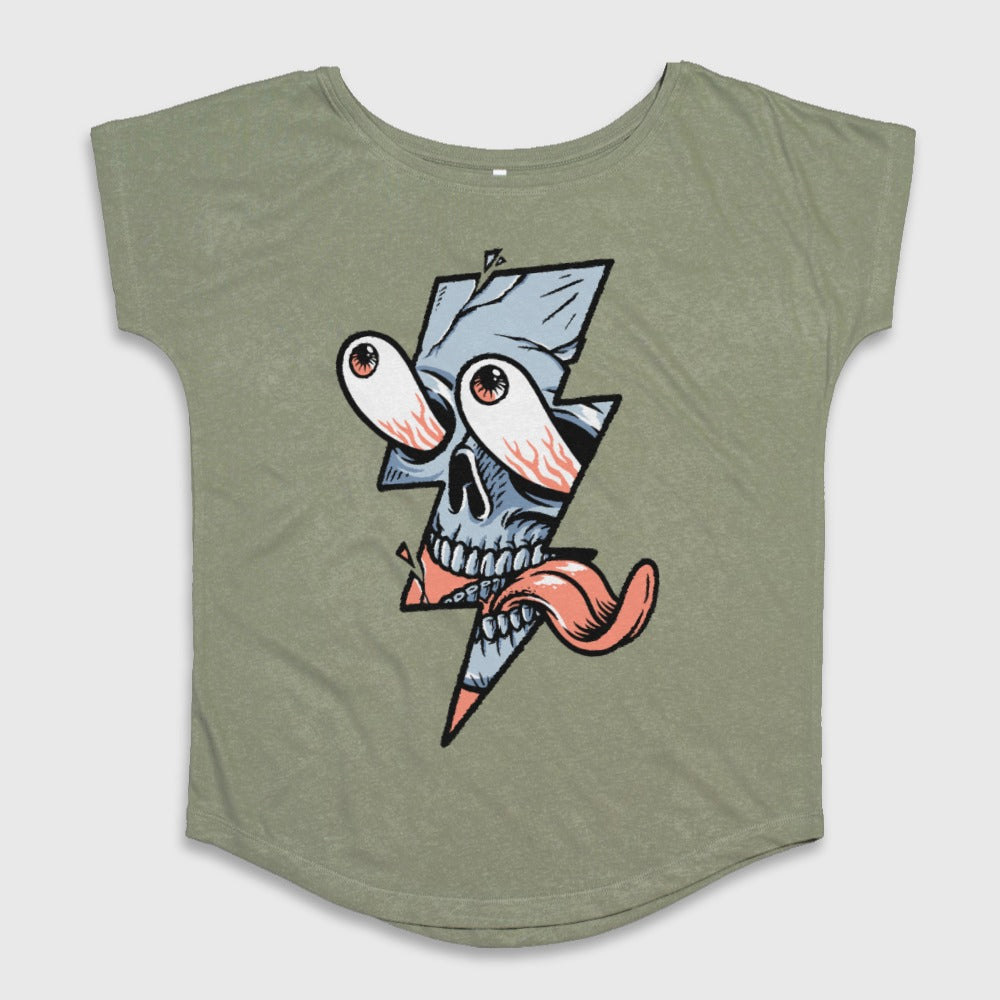 Skull and Lightning Graphic Olive Green Shirt