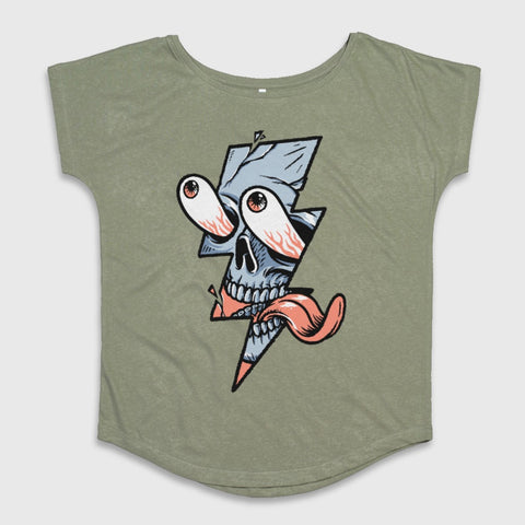 Skull and Lightning Graphic Olive Green Shirt