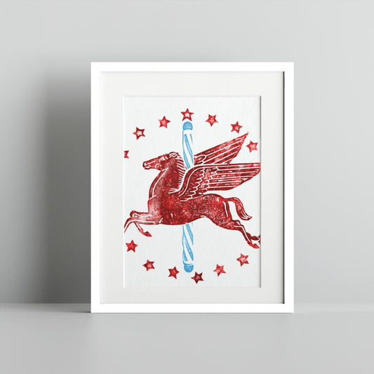 Red Pegasus with Blue Stars Framed Art Print for Sale