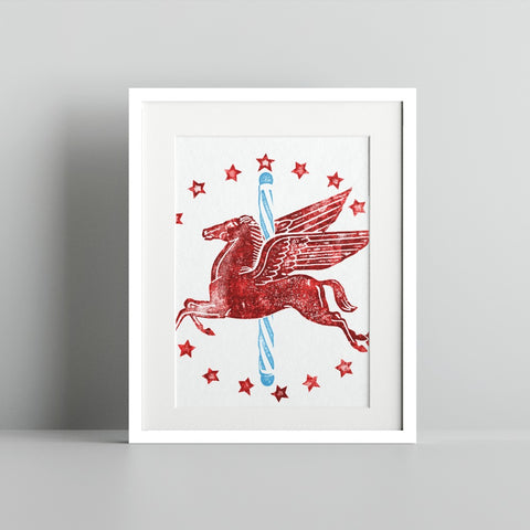 Red Pegasus with Blue Stars Framed Art Print for Sale