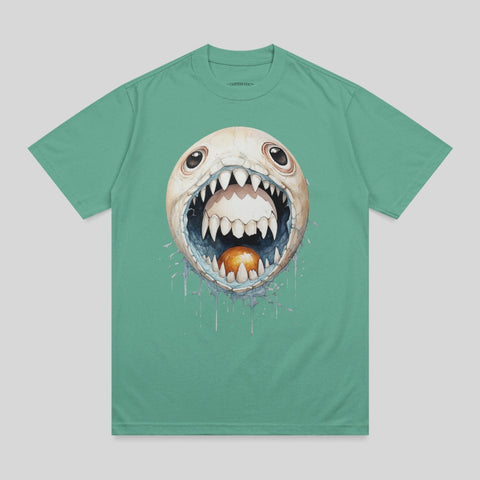 Green t-shirt with a cartoon monster face with sharp teeth and a golden egg.
