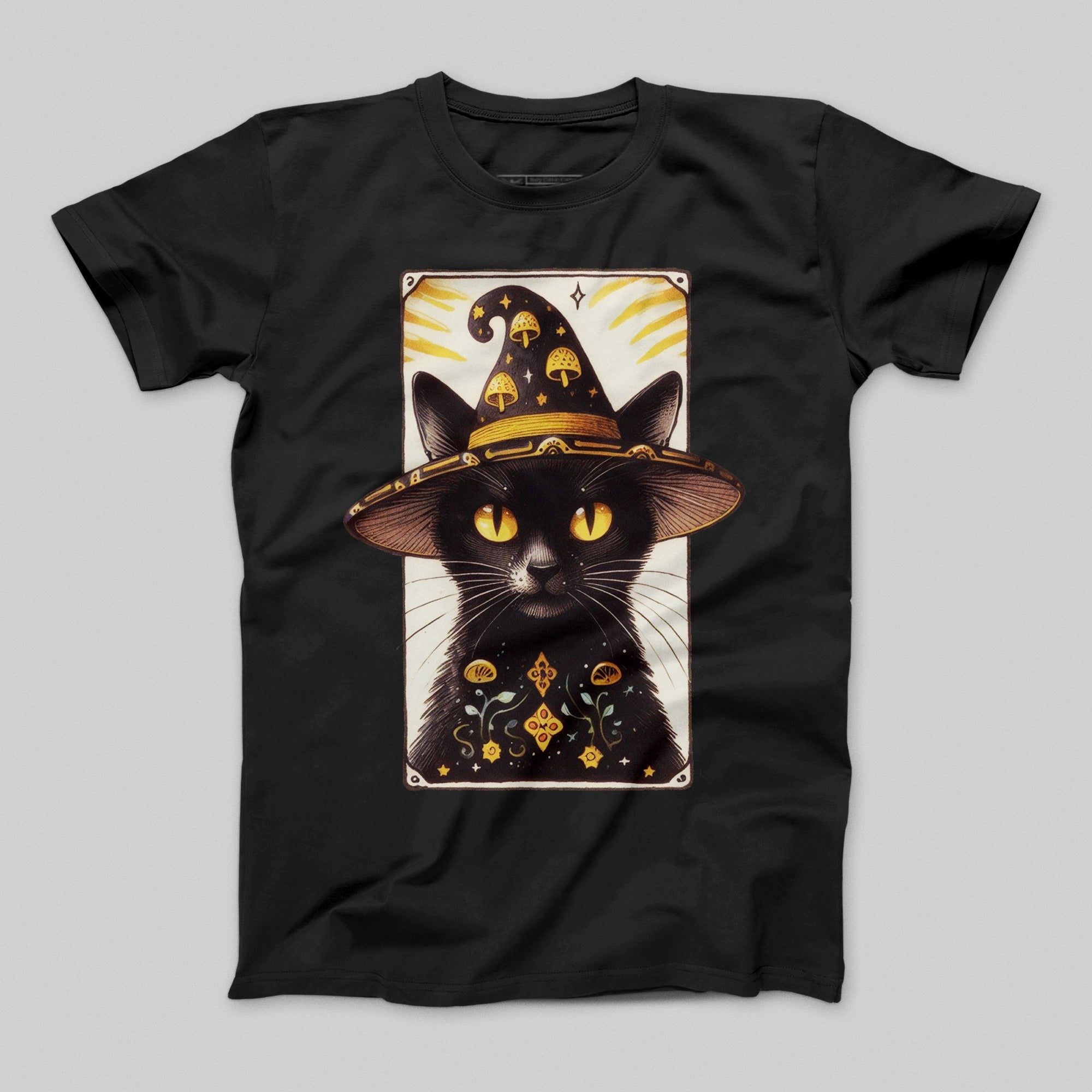 Mystical Black Cat with Wizard Hat Graphic T-Shirt