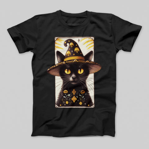 Mystical Black Cat with Wizard Hat Graphic T-Shirt