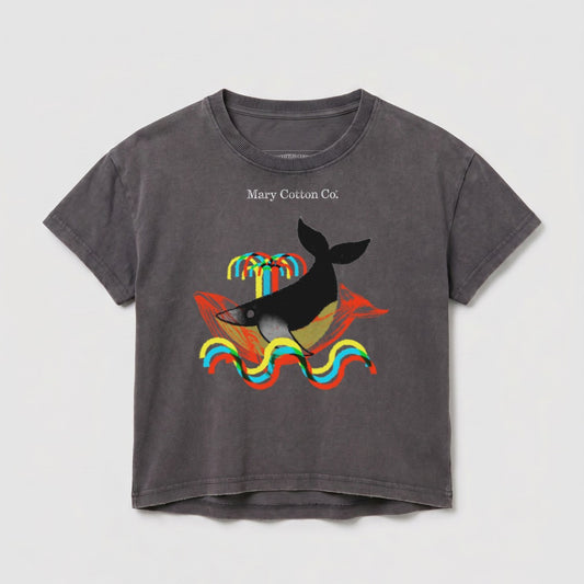 Gray t-shirt with a graphic of a whale swimming through colorful wavy lines and palm trees.
