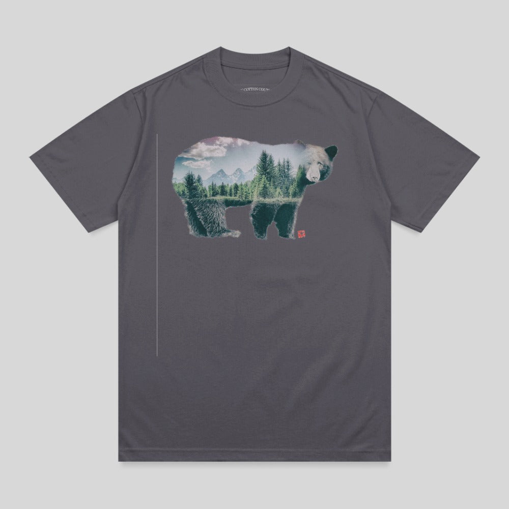 Dark grey t-shirt with a double-exposed image of a bear and a forest landscape.