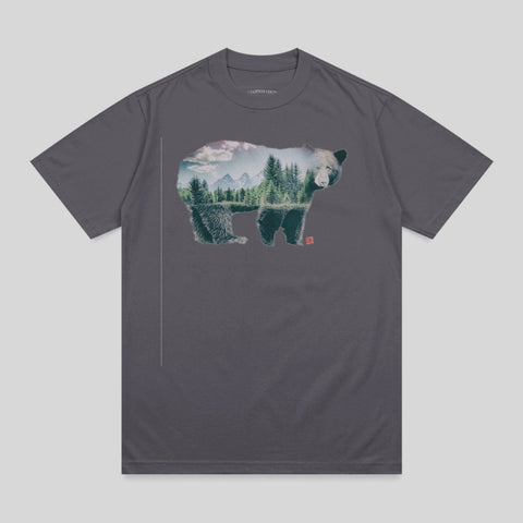 Dark grey t-shirt with a double-exposed image of a bear and a forest landscape.