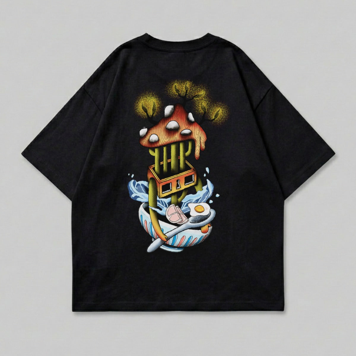 Psychedelic Mushroom Ramen Bowl Surreal Art Black product type
