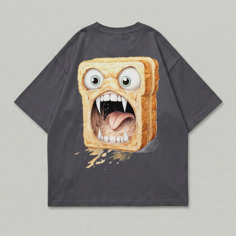 Dark gray t-shirt with a cartoon slice of bread with a screaming, monstrous face.