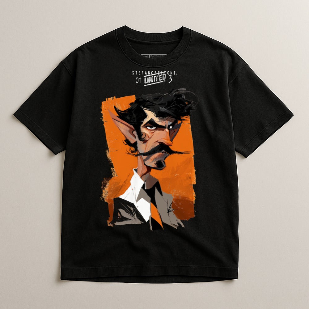 Unique Graphic Character Art on Black T-Shirt