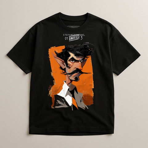 Unique Graphic Character Art on Black T-Shirt