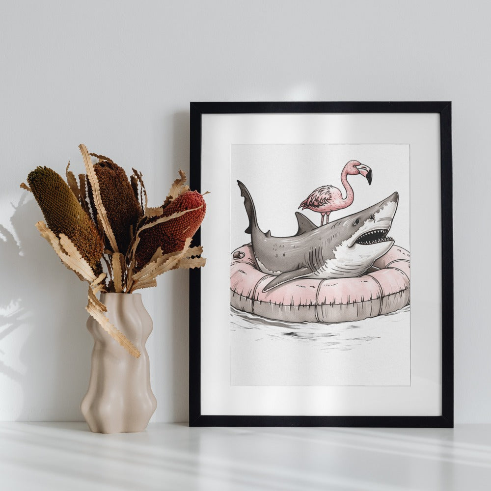 Shark and Flamingo on Inflatable Float Framed Art
