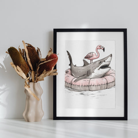 Shark and Flamingo on Inflatable Float Framed Art