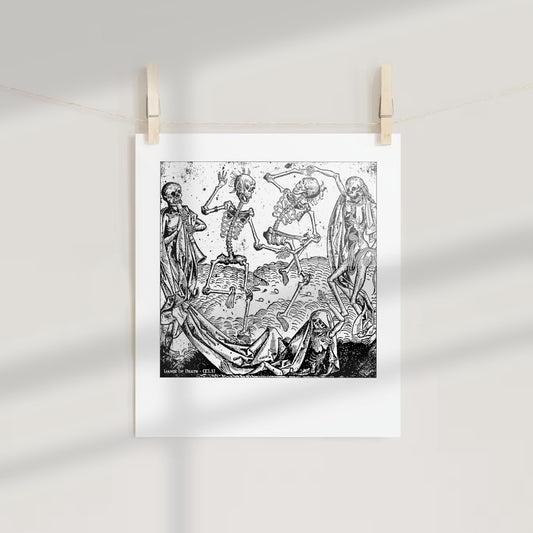 Dancing Skeletons Medieval Black and White Art Print