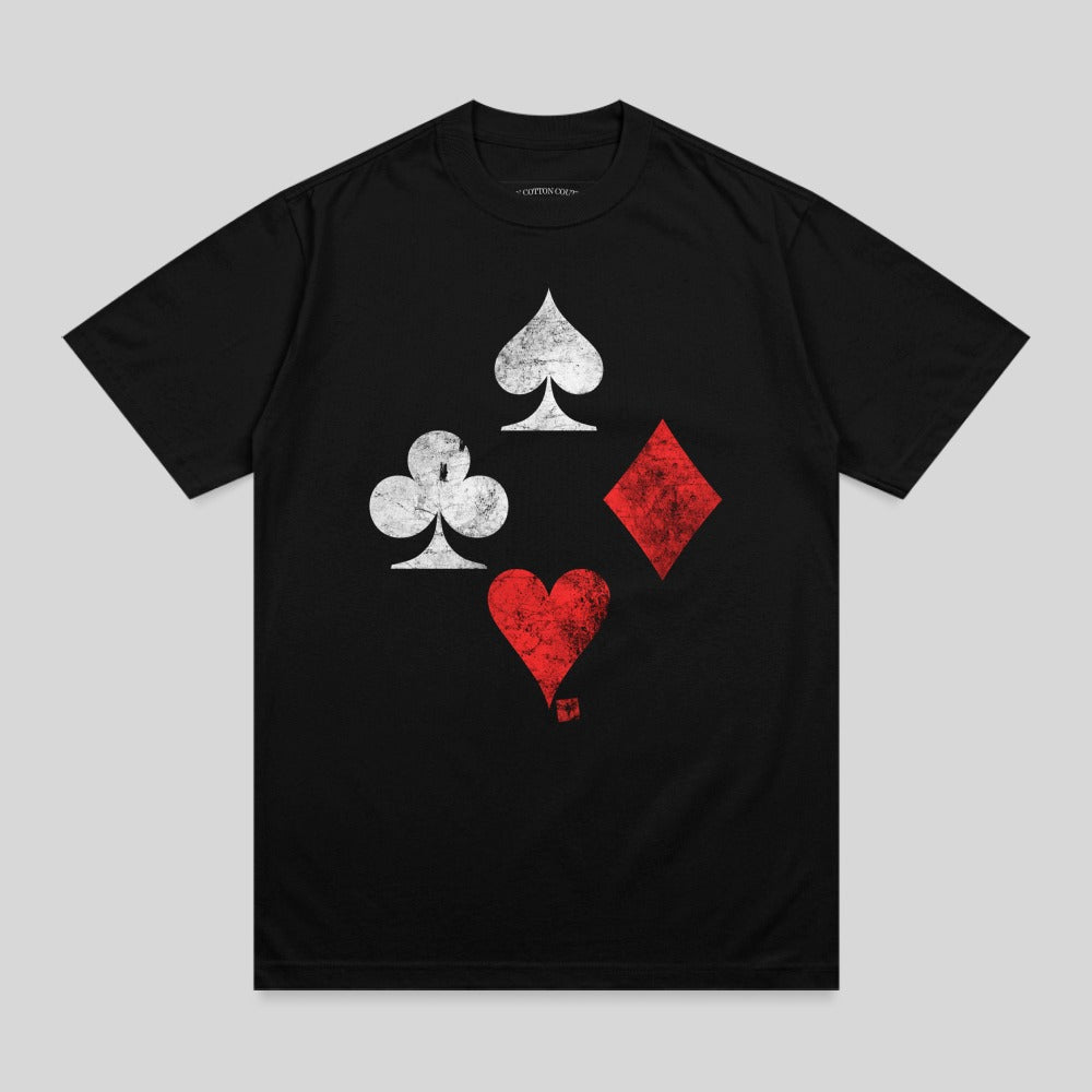 Black t-shirt with four playing card suits: spade, club, diamond, and heart.
