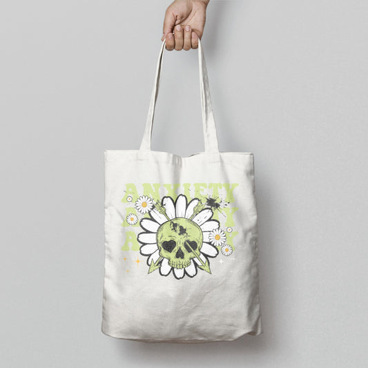 Anxiety Skull Daisy Art Design Tote Bag