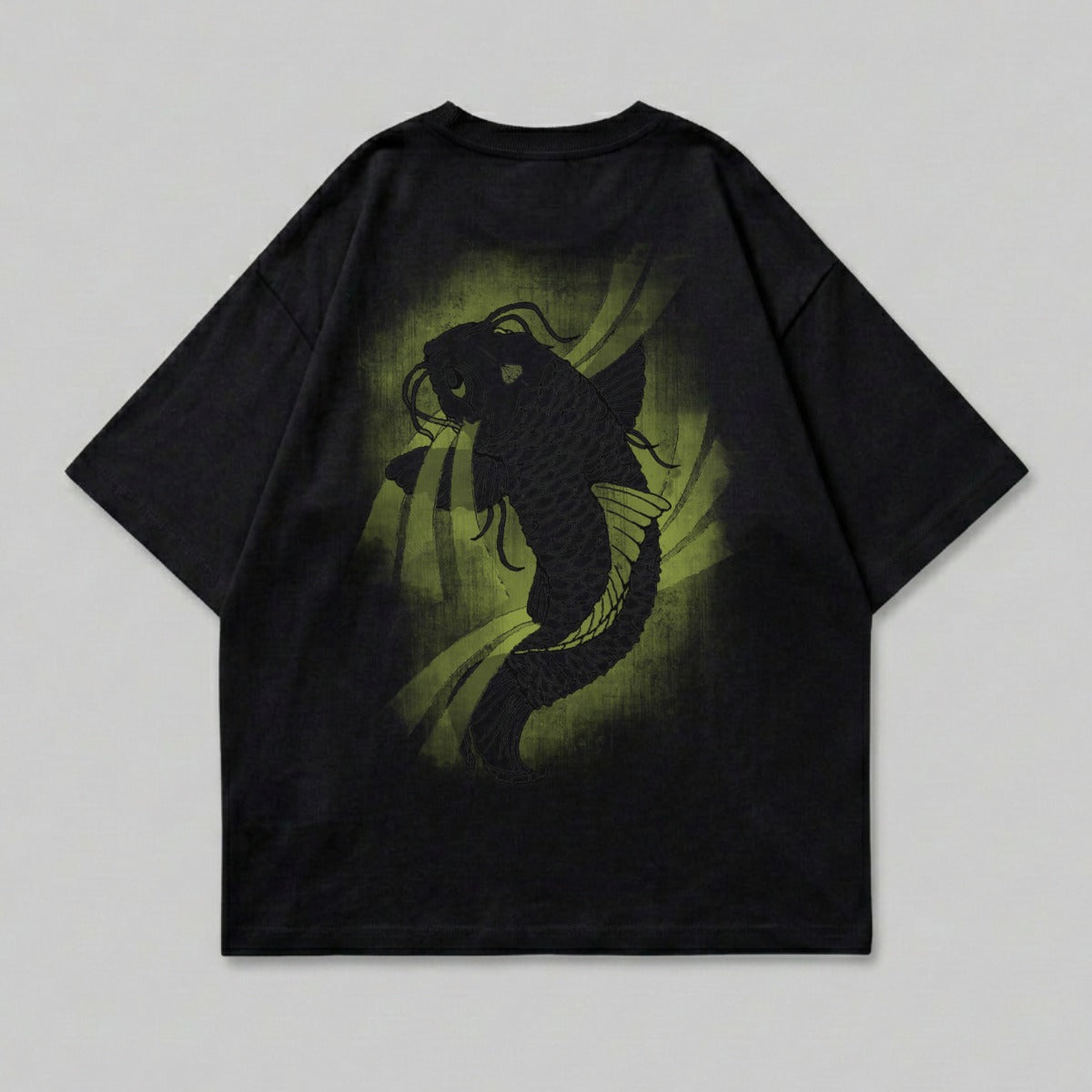 Black t-shirt with a large green koi fish design on the back.