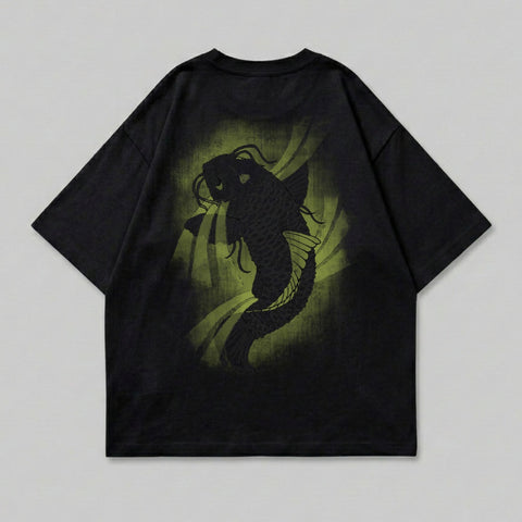Black t-shirt with a large green koi fish design on the back.
