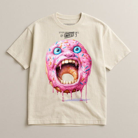 Cream t-shirt featuring a screaming pink donut with blue eyes and dripping icing.