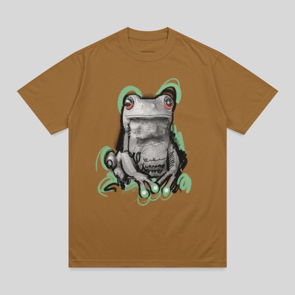 Gray Frog Red Eyes Green Brushstrokes Brown T-Shirt product type