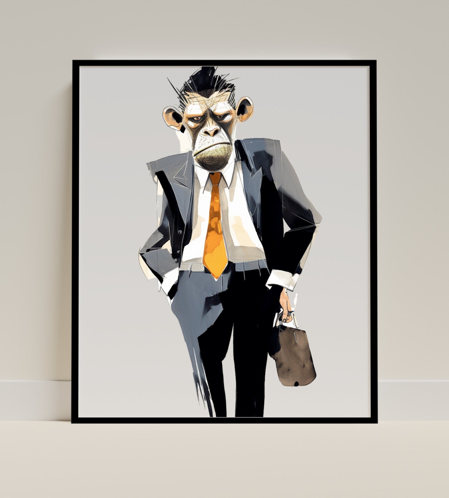 Monkey Wearing Suit with Orange Tie Wall Art Print