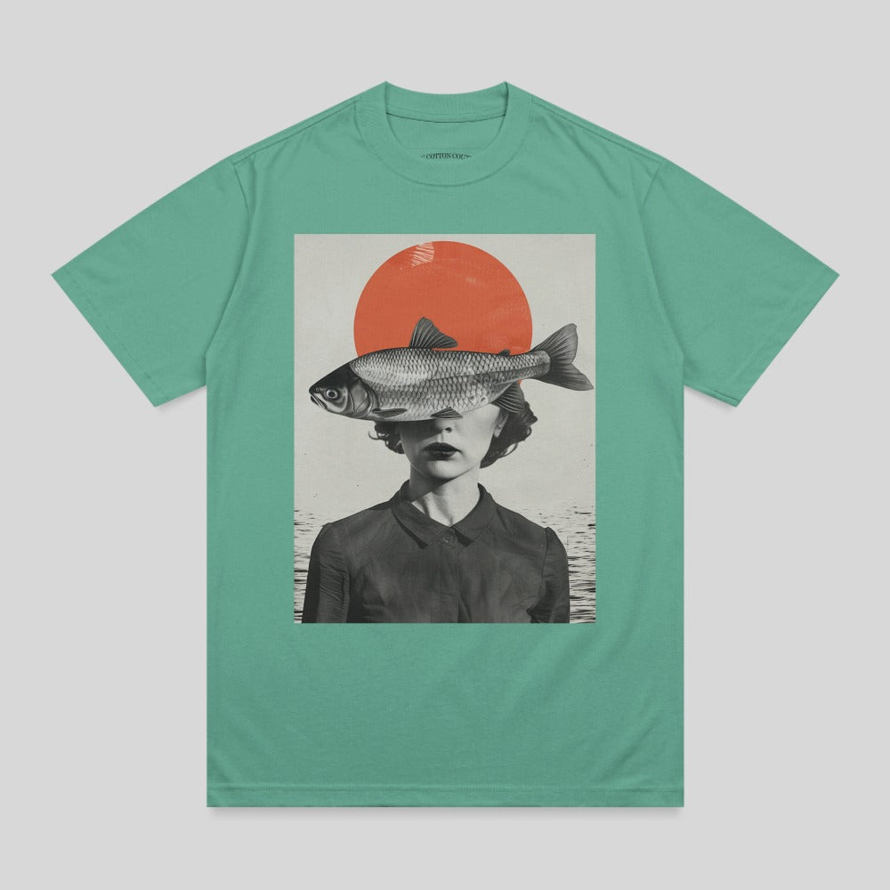 Surreal Fish Headed Woman Red Sun Water t-shirt