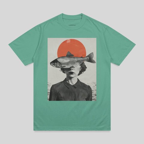 Surreal Fish Headed Woman Red Sun Water t-shirt