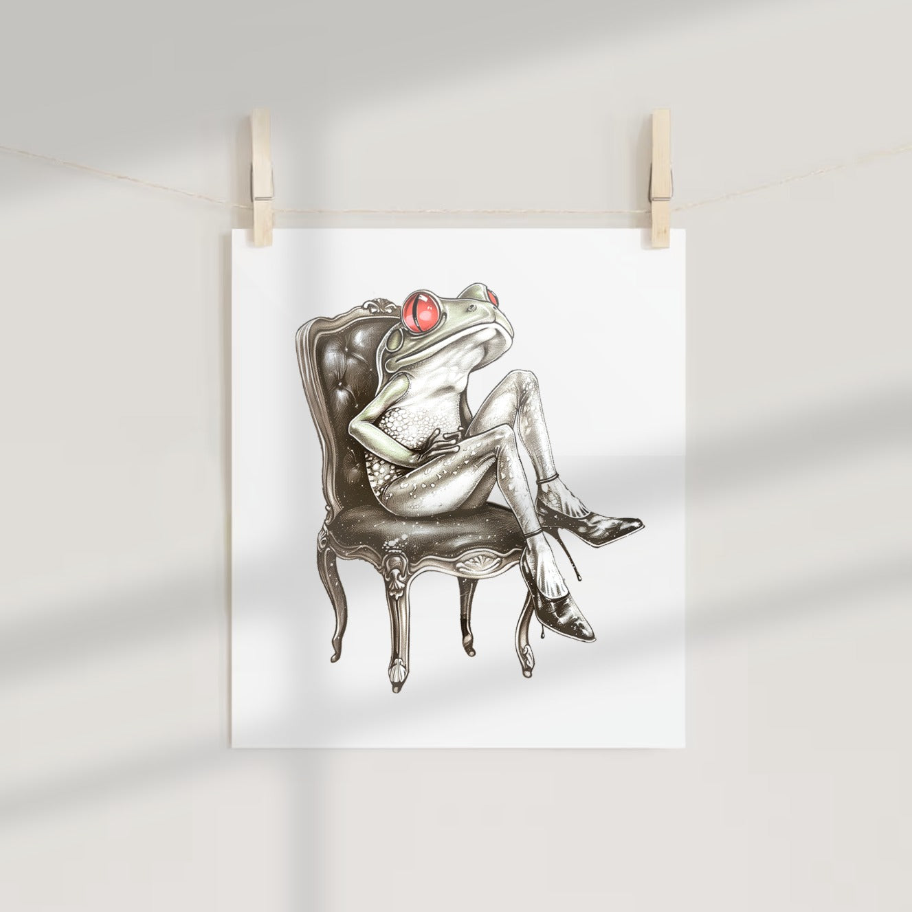 Frog in High Heels Sitting on Chair art print